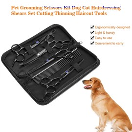 Pet Grooming Scissors Set, Dog Cat Hairdressing Scissors Set, Scaredy Cut Silent Pet Grooming Kit for Dogs, Cats and Other Animals, Cutting Thinning Haircut Tools (7 Pieces)