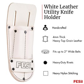 FESA Leather Utility Knife Pouch - Top Grain Leather Knife Pouch for Belt with 2 Pen/Pencil Pockets & Heavy Duty Reinforced Rivets - Fits Belts up to 2" - Handcrafted (White)