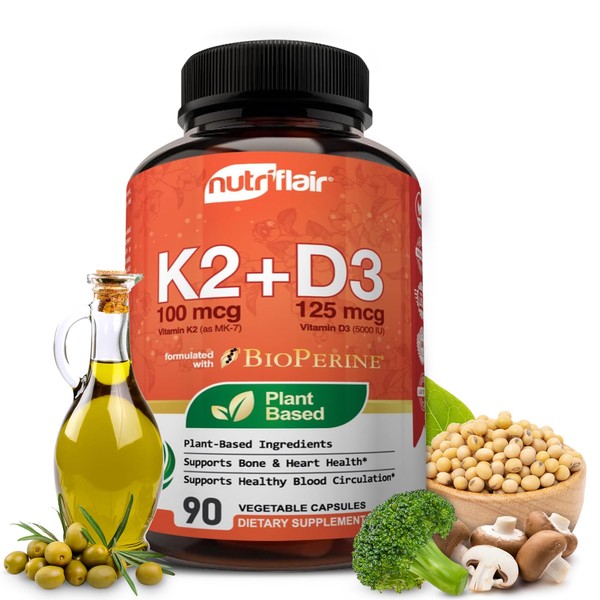 NutriFlair Vitamins D3 (5000iu/125mcg) + K2 (as Mk7) - Made with Plant-Based Ingredients Plus BioPerine Black Pepper Extract, 90 Capsules - Supports Healthy Immune, Heart and Health - Non-GMO Pills