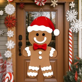 Thyle 40 Inch Large Gingerbread Christmas Decoration Christmas Gingerbread Front Door Decoration Hanging Sign Rustic Welcome Sign for Home Front Door Porch Yard Indoor Outdoor Decor