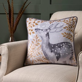 Dreams & Drapes - Grey Deer Velvet Cushion (43 x 43cm) - Filling Included - Piped Edge - Reversible Design - Grey Flannelette Cushion - Woodland Forest Deer Cushion with Cover Included/Cushion Insert