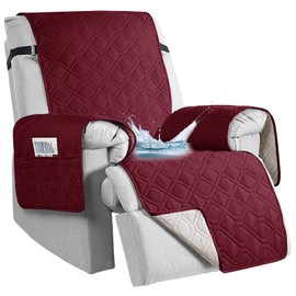 QQJIN 100% Waterproof Recliner Chair Cover with Pockets, Elastic Strap, Non-Slip Armchairs Covers, 1 Seat Washable Recliner Cover for Kids, Dogs, Pets,Red,1 Seater