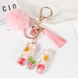 MWOOT Alphabet Initial Letter Keychain, Pink Name Keyring with Tassel Butterfly Pendant Pom Pom for Women, Cute Resin Daisy Petals Gold Foil Keyring Charm for Door Car Key Handbag Decor(M)