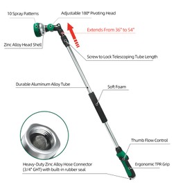 Seatern Telescoping Watering Wand for Garden Hose, 36”-54” Adjustable, 10 Spray Patterns, Heavy-Duty Hose Nozzle with Thumb Control & Pivoting Head, Ideal for Hanging Baskets and Shrubs, Green