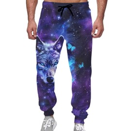 Suhoaziia Galaxy Starry Wolf Men's Athletic Sweatpants with Pockets and Drawstring Women's Boys Trendy Yoga Pants Elastic High Waist Adult Footed Sweatpants Size S-5XL