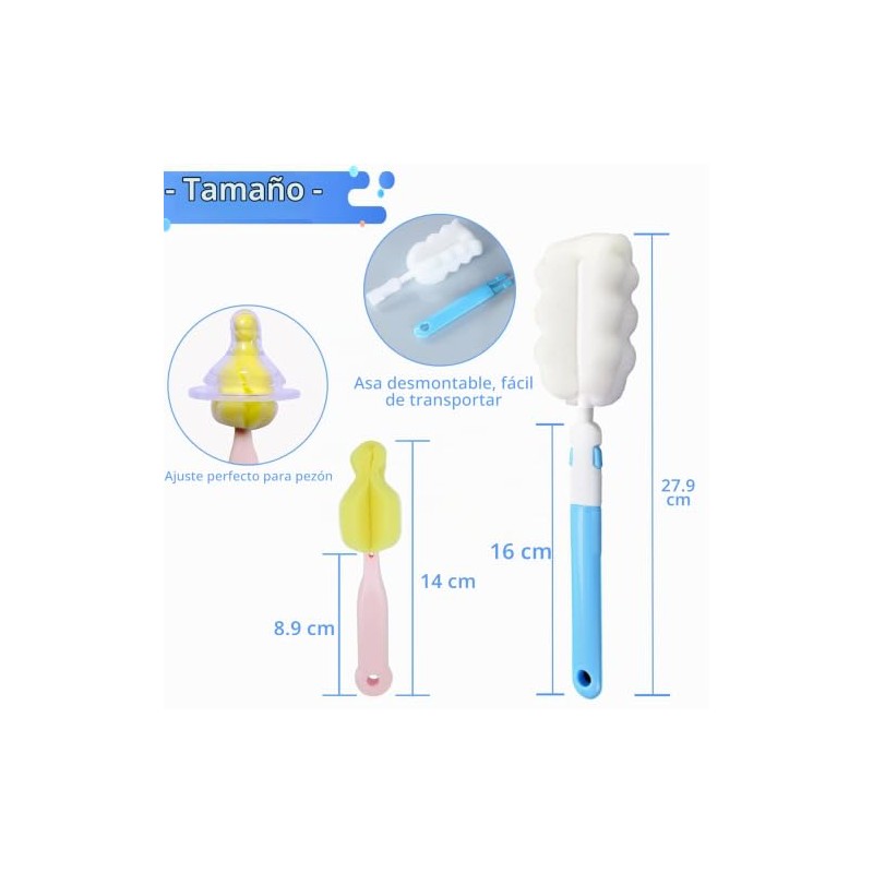 4 cepillos para biberones + 4 cepillos para tetinas, esponja,