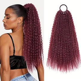 Kediciz Ponytail Extension Warp Around Pony Tail with Hair Tie 18 inch Long Synthetic Afro Kinky Curly Fake Ponytail Hair Piece for Black Women Girls Daily Party Cosplay,mix Wine Red