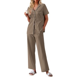 Ekouaer Women's 100% Cotton Pajamas Set Short Sleeve Button Down Pjs 2 Piece Soft Sleepwear with Long Pants Lounge Set Brown Medium