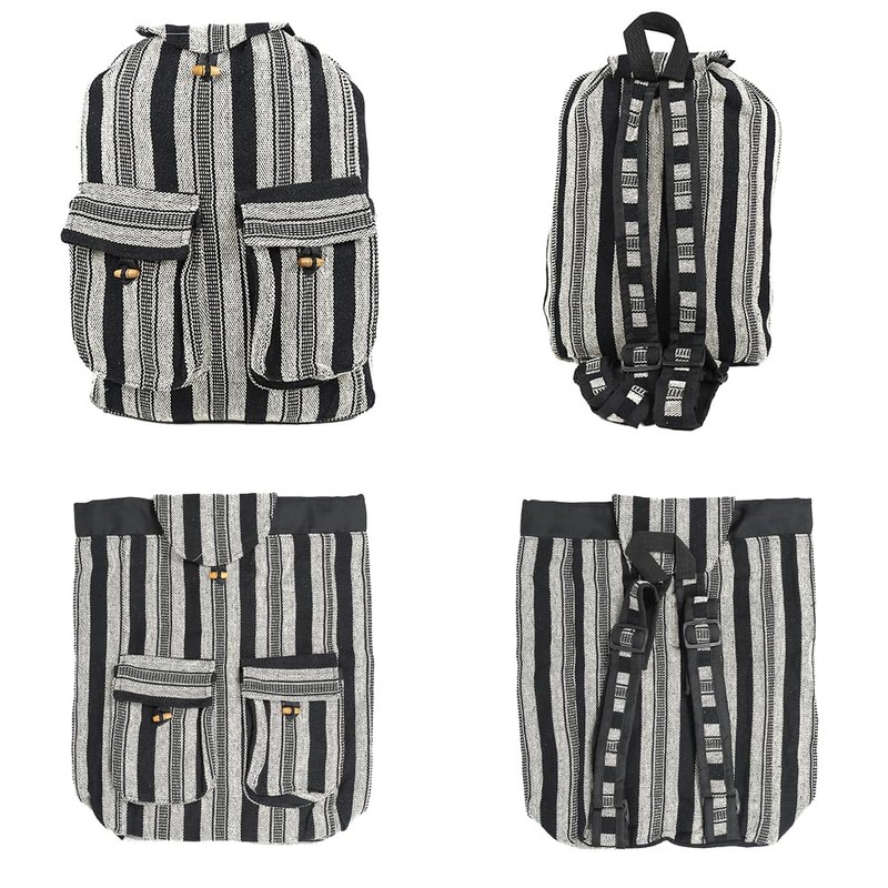 Handwoven Nepalese Two Pocket Cotton Hippy Style Backpacks (Black &