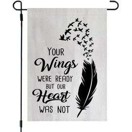 YmeerGifts Memorial Day Garden Flag - Outdoor Gravesite Feather Saying Decor - Your Wings Were Ready But Our Hearts Were Not Garden Flag - New Home Yard Flag - Outdoor Yard Flag - Housewarming Gift