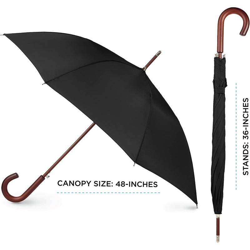 totes Auto Open Wooden Handle J Stick Umbrella, Black