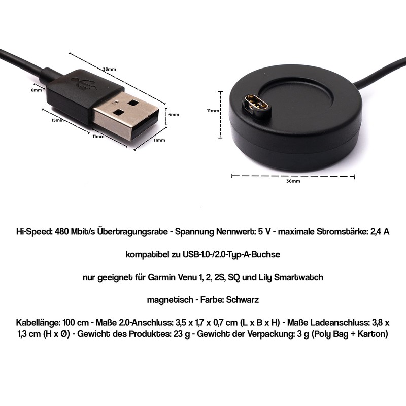 SYSTEM-S USB 2.0 Kabel 100 cm Ladekabel für Garmin Venu