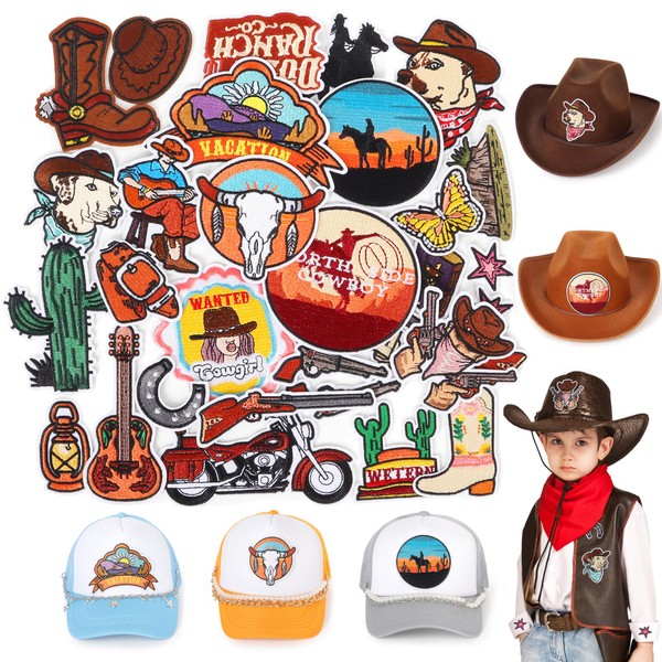 Western Iron On Hats Patches for Cowboy: Meneng 32Pcs Countryside