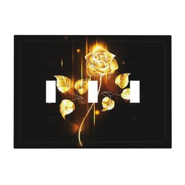 Black and Golden Rose Gold Sparkle Brass Flower Romantic Floral Print 3-Gang Device Triple Toggle Outlet Light Switch Wall Plate Covers Electrical Medium Size Faceplate Decorative Switchplate