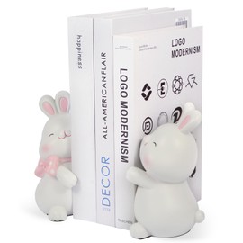RISKIV Cute Rabbit Bookends, Decorative Kids Bookends for Shelves, Accommodates 1-4 Books (White)