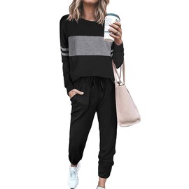 PRETTYGARDEN Women's Color Block 2 Piece Tracksuit Crewneck Long Sleeve Tops Long Sweatpants Outfits Lounge Sets(Black,X-Large)