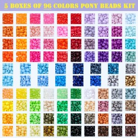 Megoogo 5 Boxes 3860pcs Pony Beads Friendship Bracelet Making Kit 96 Colors Kandi Beads with Letter Elastic String for DIY Crafts Hair Braids Keychain Necklace Bracelets Making
