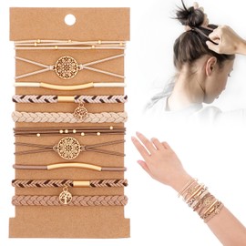KFHENSOMR Hair Tie Bracelet 10pcs Boho Hair Tie Bracelets for Women Light Coffee Colors Braided Hairs Ties No Damage Elastic Bracelets for Thin Thick Hairs Pony Tails