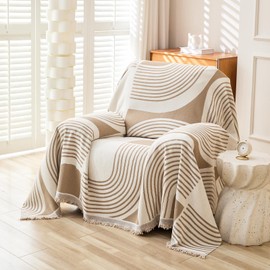 WEYOND Boho Chenille Couch Cover with Tassels, Bohemian Sofa Cover for 1 Cushion Couch, Armchair, Chair, 1 Seater (71" x 91", Khaki)