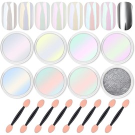 Artdone 8 Jars Chrome Nail Powder Magic White Pearl Kit Mirror Effect Silver Metallic Holographic Dip Nail Powder For Resin Craft & Nail Art Fimo, Decoration Iridescent Aurora Mermaid Pigment