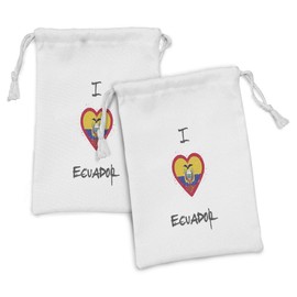 Ambesonne Ecuador Fabric Pouch Set of 2, I Love Ecuador Lettering and Heart in Shape of National Flag, Small Drawstring Bag for Toiletries Masks and Favors, 9" x 6", Charcoal Grey White