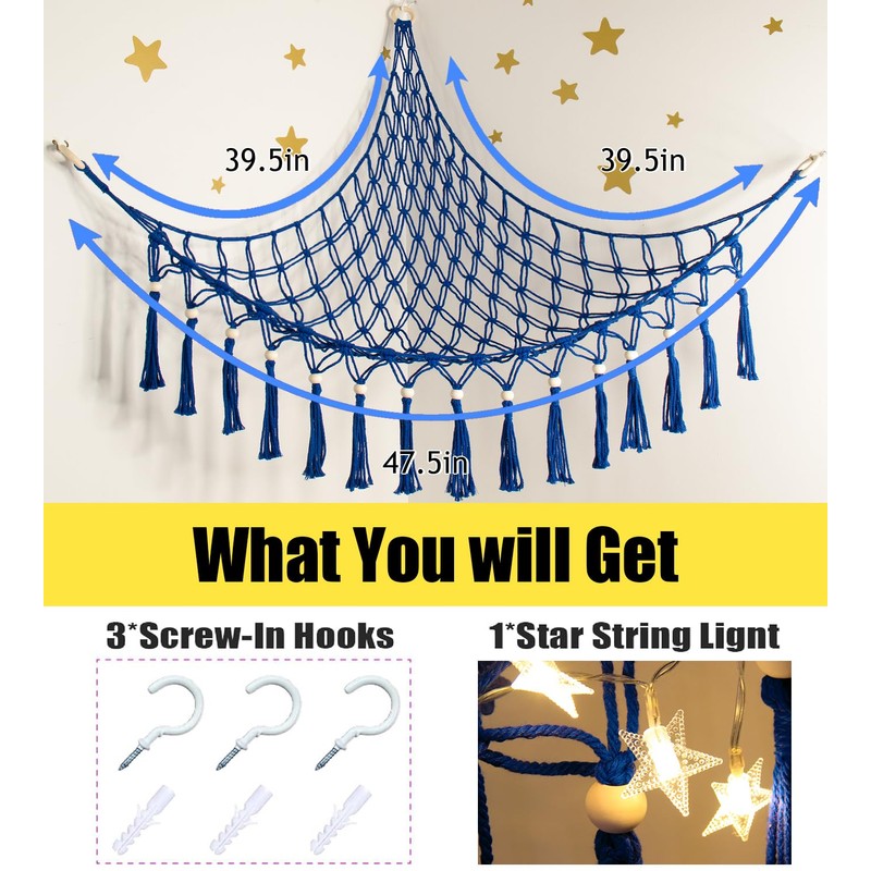 Stuffed Animal Toy Storage Hammock with LED Light-Macrame Jumbo Doll