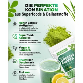 Daily Greens & Fibre Powder - Combination of Fibre & Superfoods - Psyllium, Spirulina, Moringa, Barley Grass, Inulin, Apple Fibre, Turmeric Extract, Accent Fibre, Lecithin (600 g, Lemon)