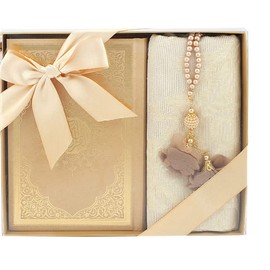 Muslim Prayer Rug Sejadah and Islamic Holy Book Quran,Prayer Beads 99 Tasbih with Exclusive Box Gift Set for Hajj Umrah Ramadan and Eid. Lightweight Woven Tafta Prayer Mat (Gold Color)