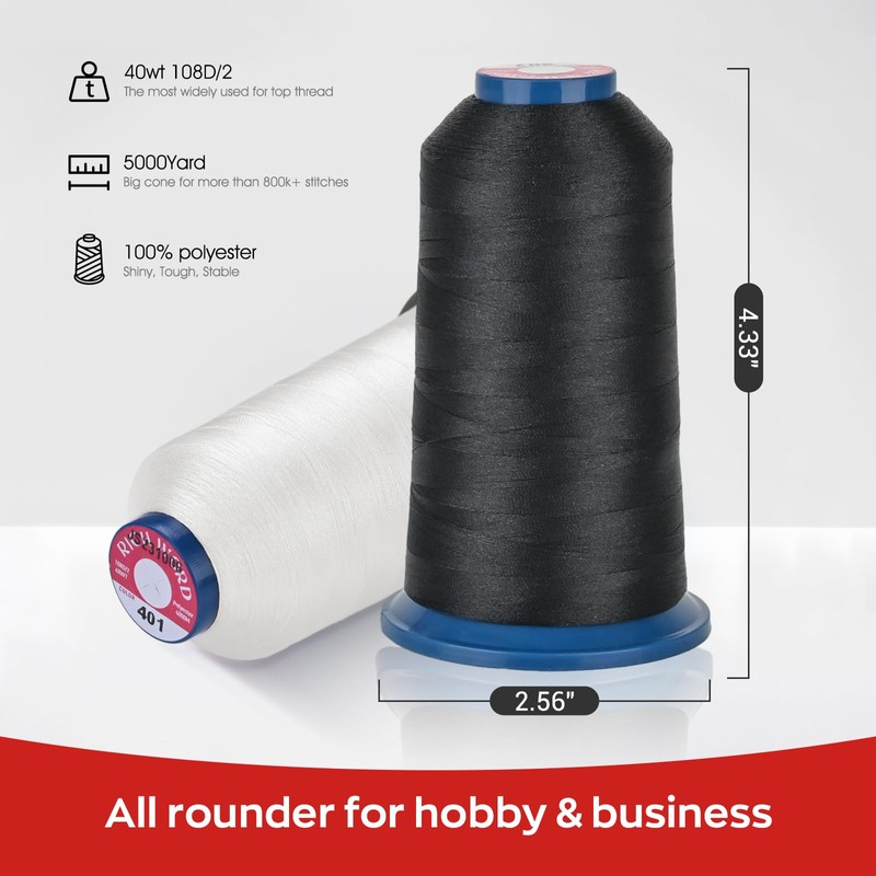 Richword Selected White Embroidery Thread 5000Y 40WT Polyester Thread 100