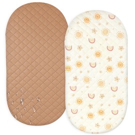 SheSeek Muslin Bassinet Sheets Waterproof Baby Bassinet Mattress Sheets 2 Pack Thickened Ultra Soft Fitted Crib Cover 33" x 17" for Oval Cradle, Rectangular Mattress Pad, Mocha