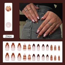 Fall Fake Nails Medium Almond Press on Nails Brown French Tip False Nails with Smudged Small Pearls Designs Acrylic Nails Autumn Glue on Nails Glossy Medium Artificial Nails Stick on Nails for Women