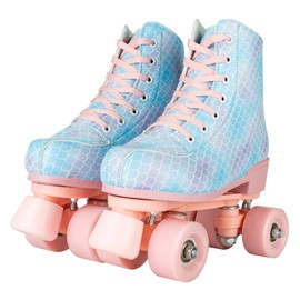 Hurber Roller Skates for Women,Girls Shiny Mermaid Rollerskates High Top Outdoor Indoor Skates for Adults Youth Kids (Pink flash wheel,US:5)