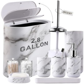 InnJoey Bathroom Accessories Set, 9-Piece Marble White Bathroom Set, White Bathroom Accessories with Slim Trash Can, Soap Dispenser, Toilet Brush, Toothbrush Set, Qtip Holders