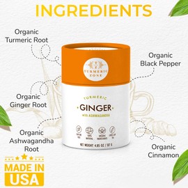 Turmeric Zone Organic Turmeric Ginger Ashwagandha Decaf Tea made with Turmeric Root, Ginger Root, Ashwagandha Root, Cinnamon, Black Pepper - 4.85 oz