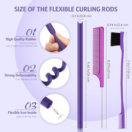 64 Pieces Flexible Curling Rods Hair Twist Flexible Rod Foam Curler Roller with Hair Edge Brush and Comb for Women Girl Short Medium Long Hair (Purple,0.8 x 24 cm)