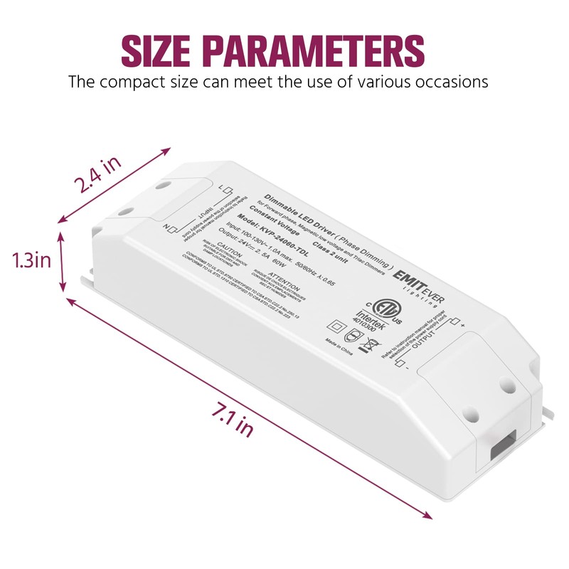 Emitever 60W Triac Dimmable Driver,Power Supply,AC 120V to DC 24V