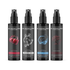 BLACKLINE® 8oz Car Air Freshener - Lasts 1-2 days, Made For Daily Use. Choose from Dark Ice, Ocean Breeze, Mahogany Teakwood, or Sour Cherry scents.:_Variety 4 Pack