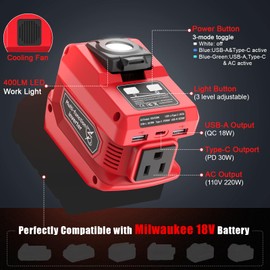 Hisecren 220W Portable Power Inverter Compatible with Milwaukee 18V Battery, DC 18V to AC 110V Battery Inverter, with 400LM LED Work Light, 1 AC Outlet, 2 USB Ports &1 Type-C, Fast Charging, 2PCS