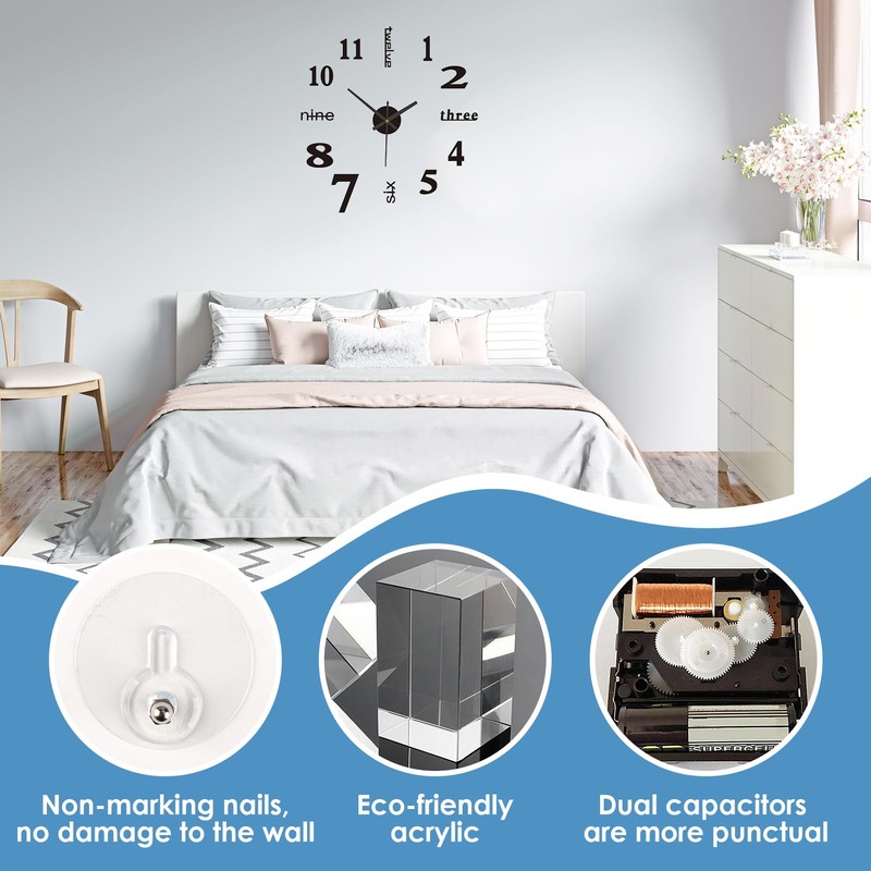 3D Klebe Wanduhr Groß,50CM DIY uhr zum Kleben, Leise Selbstklebend,