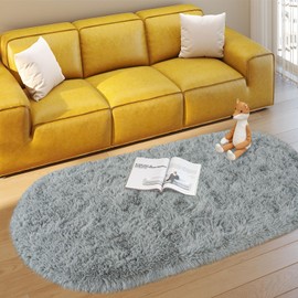 Soft Fluffy Rugs for Bedroom, Grey Fuzzy Shaggy Oval Bedside Area Rug Set of 2, Non-Slip Cozy Plush Shag Carpet for Boys Kids Room Nursery Dorm Living Room, 2.6 x 5.3 Feet