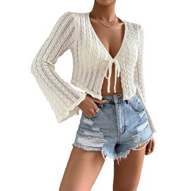 Floerns Women's Scallop Trim Trumpet Long Sleeve Tie Front Cardigan Crop Top Apricot M