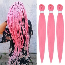 Sold by IXIMII 3 packs Pink Braiding Hair Pre Stretched 30 inch Pre-Stretched Kanekalon Braiding Hair Long Straight EZ Crochet Braids Soft Yaki Texture Synthetic Hair Extensions Hot Water Setting