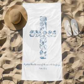 FIicy Blue Seashell Cross Christian Beach Towel, Seashell Cross Pool Towels, Christian Bible Coastal Large Beach Bath Travel Towels for Bathroom Swimming Camping, Nautical Bathroom Decor, 30x60in