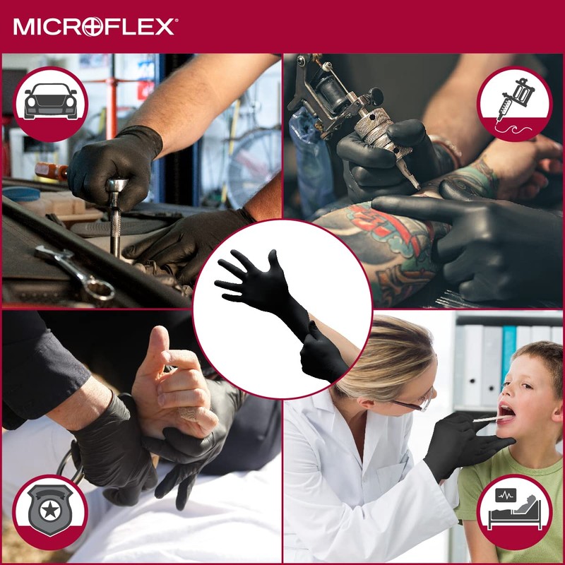 Microflex MK-296-XXL-Box Midknight Exam Gloves, PF Nitrile, Textured, Black, XXL