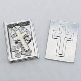 William Sturt Fine Pewter Pewter Bible Trinket Box with Faith/Cross, Bordered Cross and Dove on Cross Charms Inside, Handcast