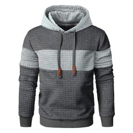 Qichic Men's Hoodies Pullover Plaid Jacquard Long Sleeve Drawstring Hipster Casual Hooded Sweatshirts with Kanga Pockets DarkGrey S