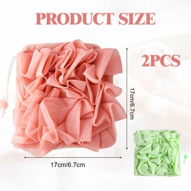 2 Pcs Bath Sponge with Drawstring,That Holds Bar Soap,for Cleansing and Smooth Skin,2 in 1 Loofah Washcloth Combo Soap Bar Loofah(Pink,Green)