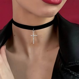 Aneneiceera Vintage Black Suede Choker Necklace Crystal Cross Pendant Necklaces Wide Suede Velvet Necklaces Velvet Cross Collar Necklace Chain Jewelry for Women