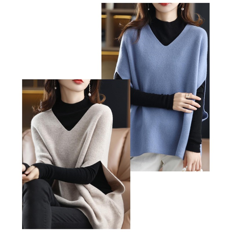 J.STORE Women's Knit Vest, Overlay, V-Neck, Arm, Slit, Pullover, Solid,