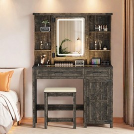 ChicFurnit Farmhouse Makeup Vanity,Vanity Desk with Glass Tabletop & 3 in 1 Charging Station,40'' Vanity Set with Human Body Sensing LED Lights & Hidden Jewelry Cabinet,Stool Included, Vintage Brown